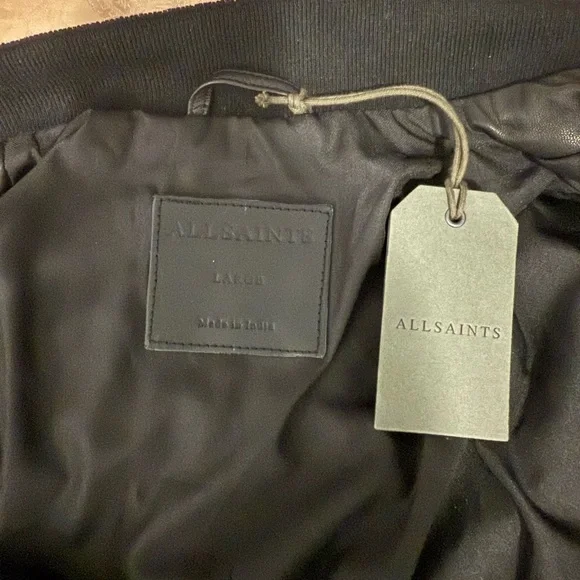 All Saints Niko Black Leather Bomber Jacket Sz L